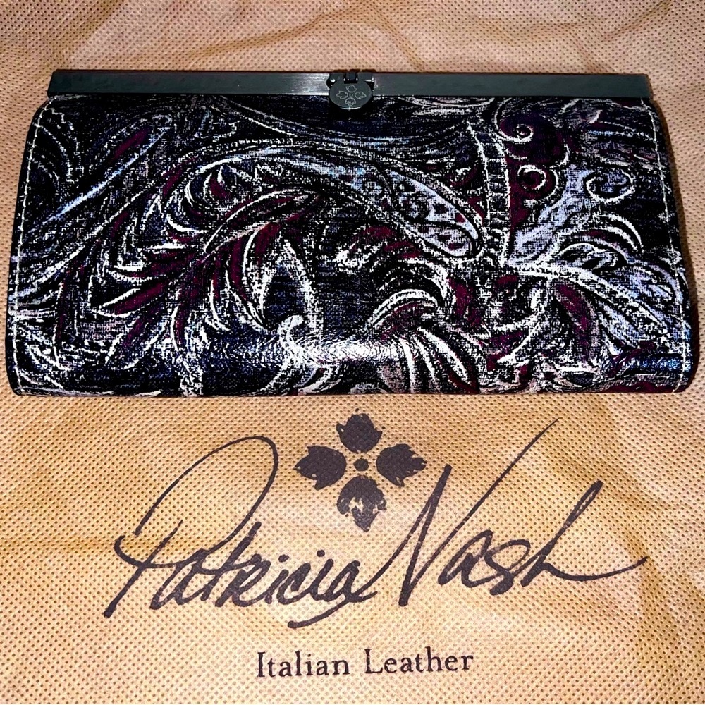 Patricia Nash Italian Leather Feather Paisley- Beet Wallet Clutch